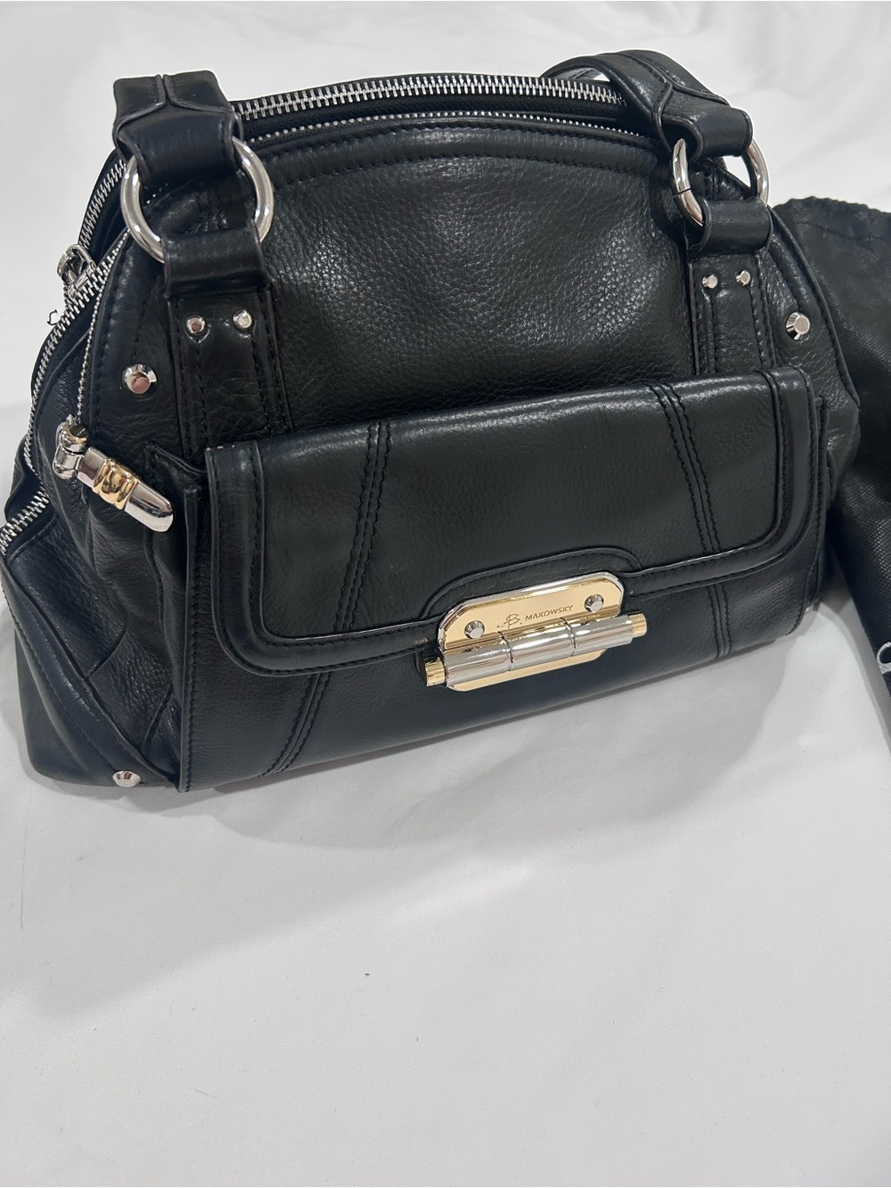 b. makowsky Black Leather Shoulder Bag with Gold Hardware